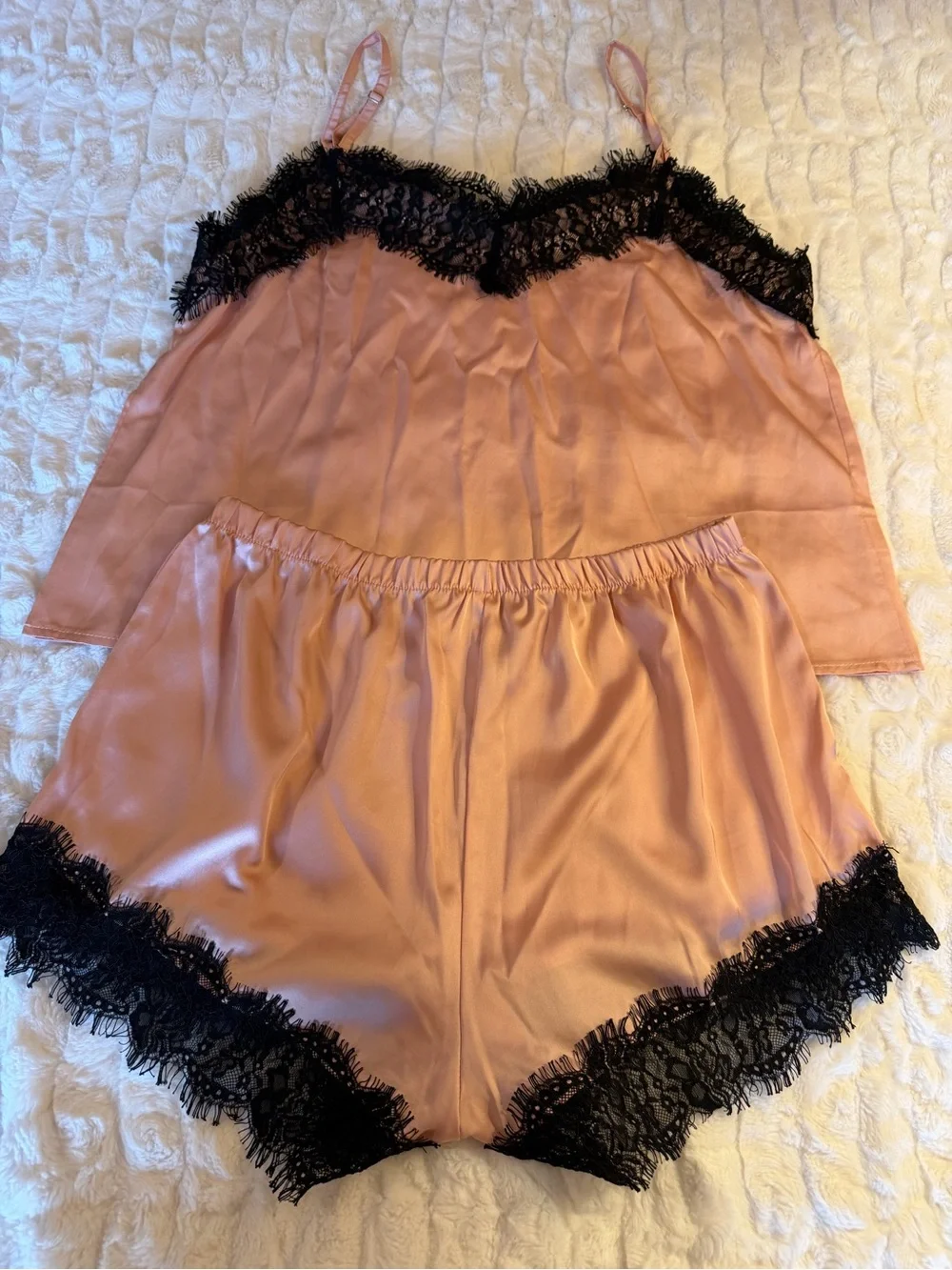 NWOT Silk-Look Lace Trim Cami & Short Lingerie Set in Blush Pink